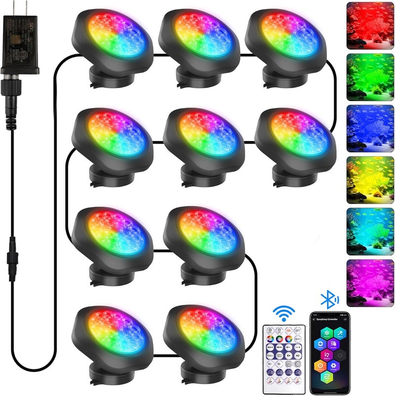 T-SUN Submersible RGB LED Pond Lights – IP68 Waterproof Fountain Lights with Bluetooth App & Remote, 16 Million Colors Underwater Lighting for Koi Ponds/Garden Water Features Aquarium (10-Pack) - Image 1